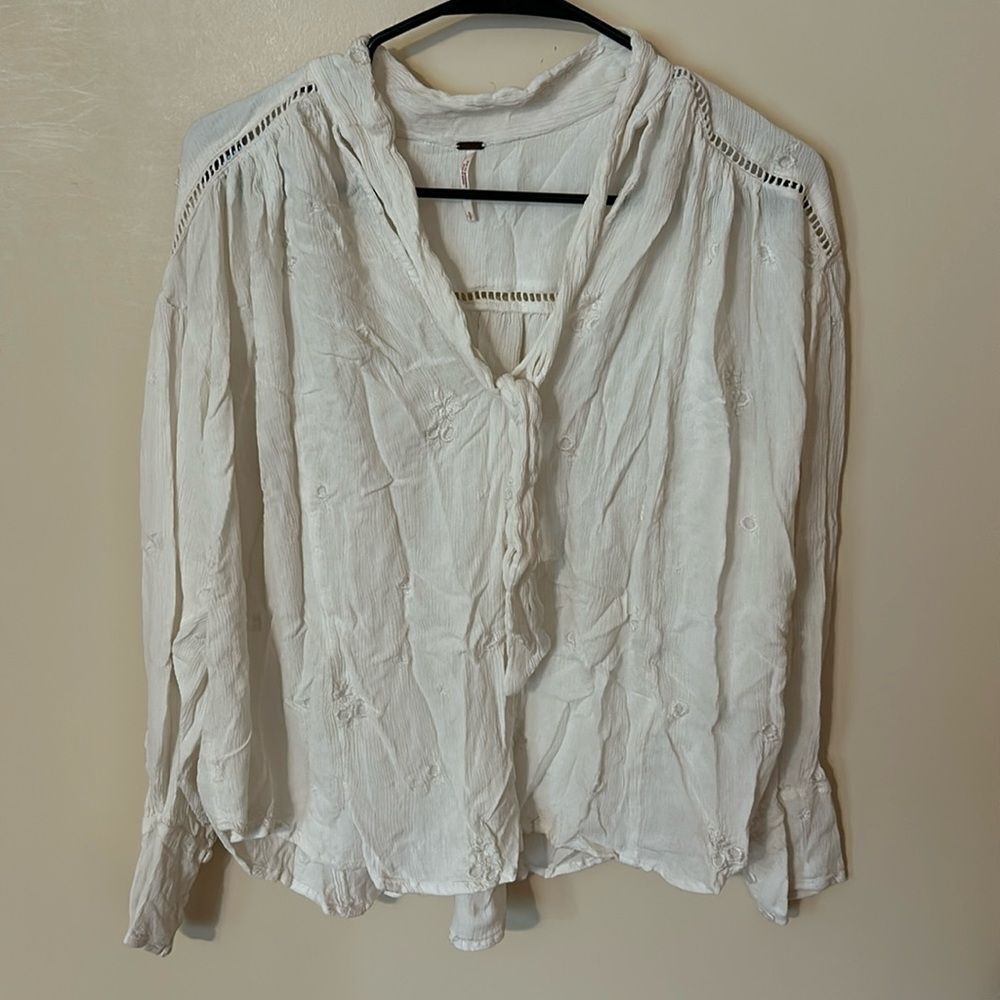 Free People Top V Neck Long Sleeve Embroidered Blouse Shirt Ivory S
